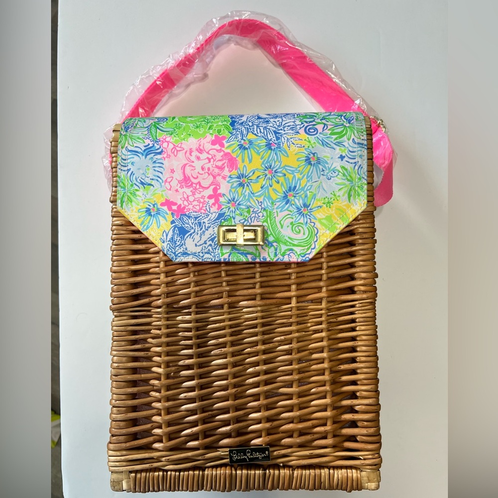 Lilly Pulitzer Pink, Green, Blue Floral Wicker Crossbody Bag